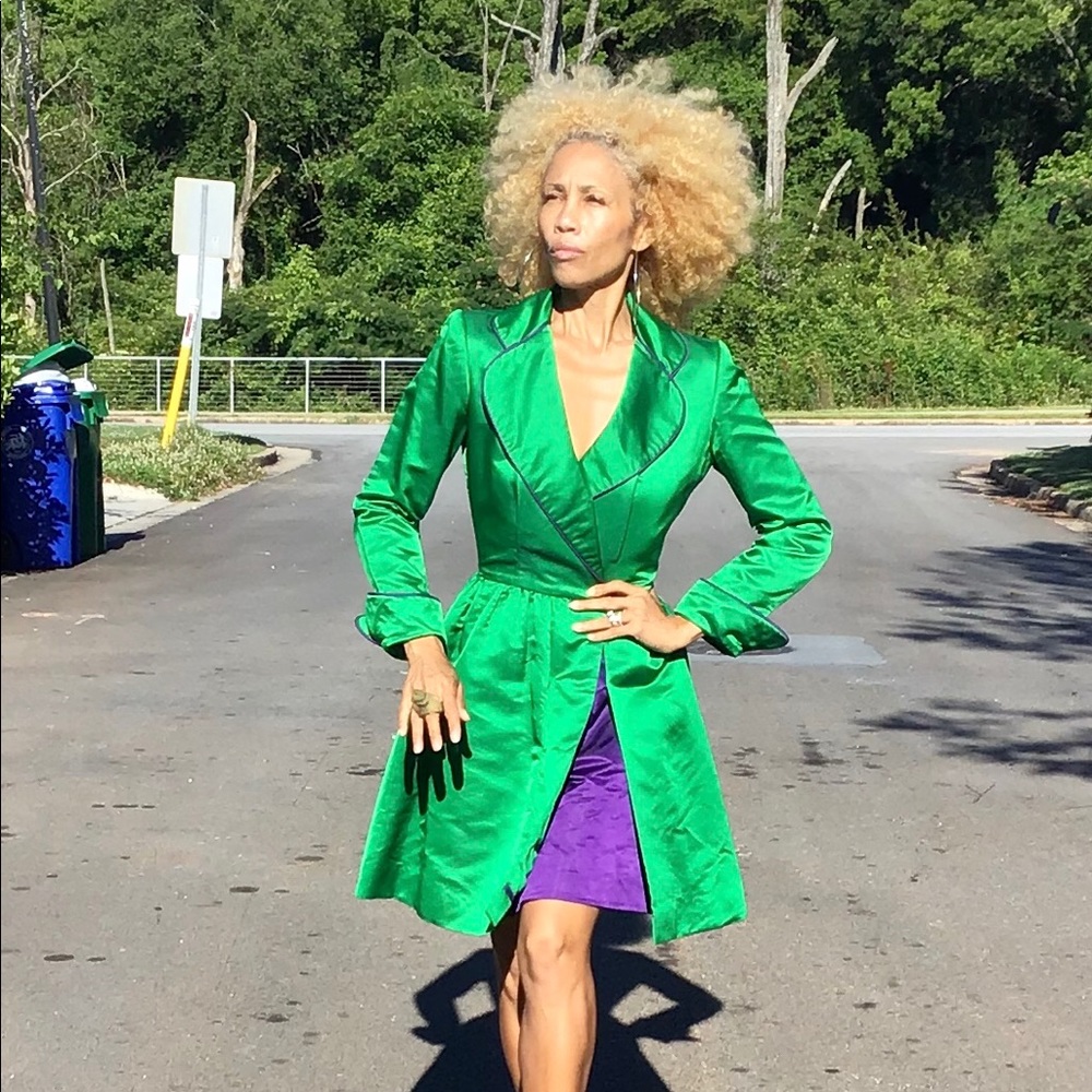 Vtg Bob Mackie satin coat dress tuxedo green XS - Picture 7 of 11